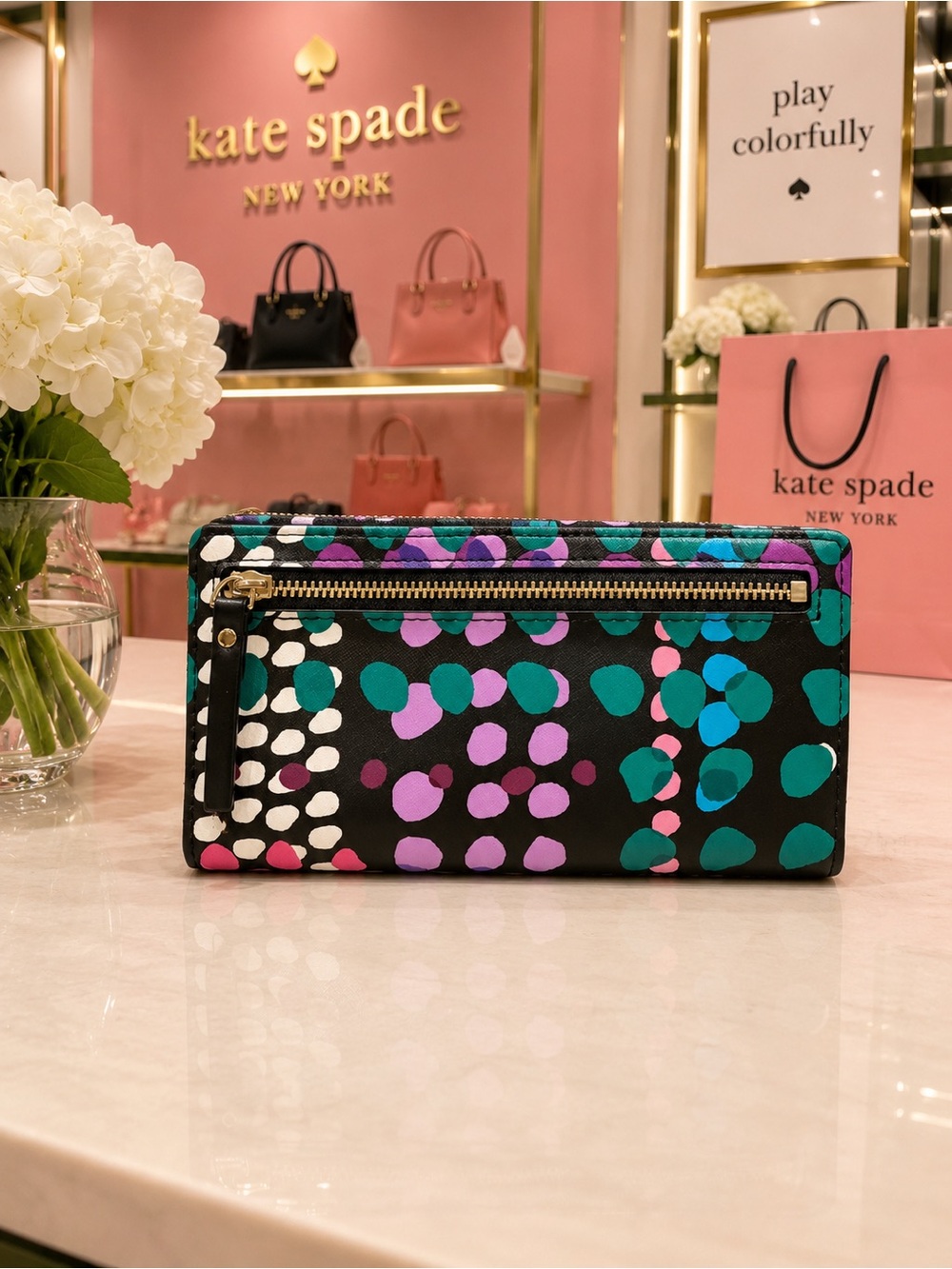 Kate Spade Stacy Shore Street Wallet Black W/ Dotty Plum Print NWT - Picture 4 of 7